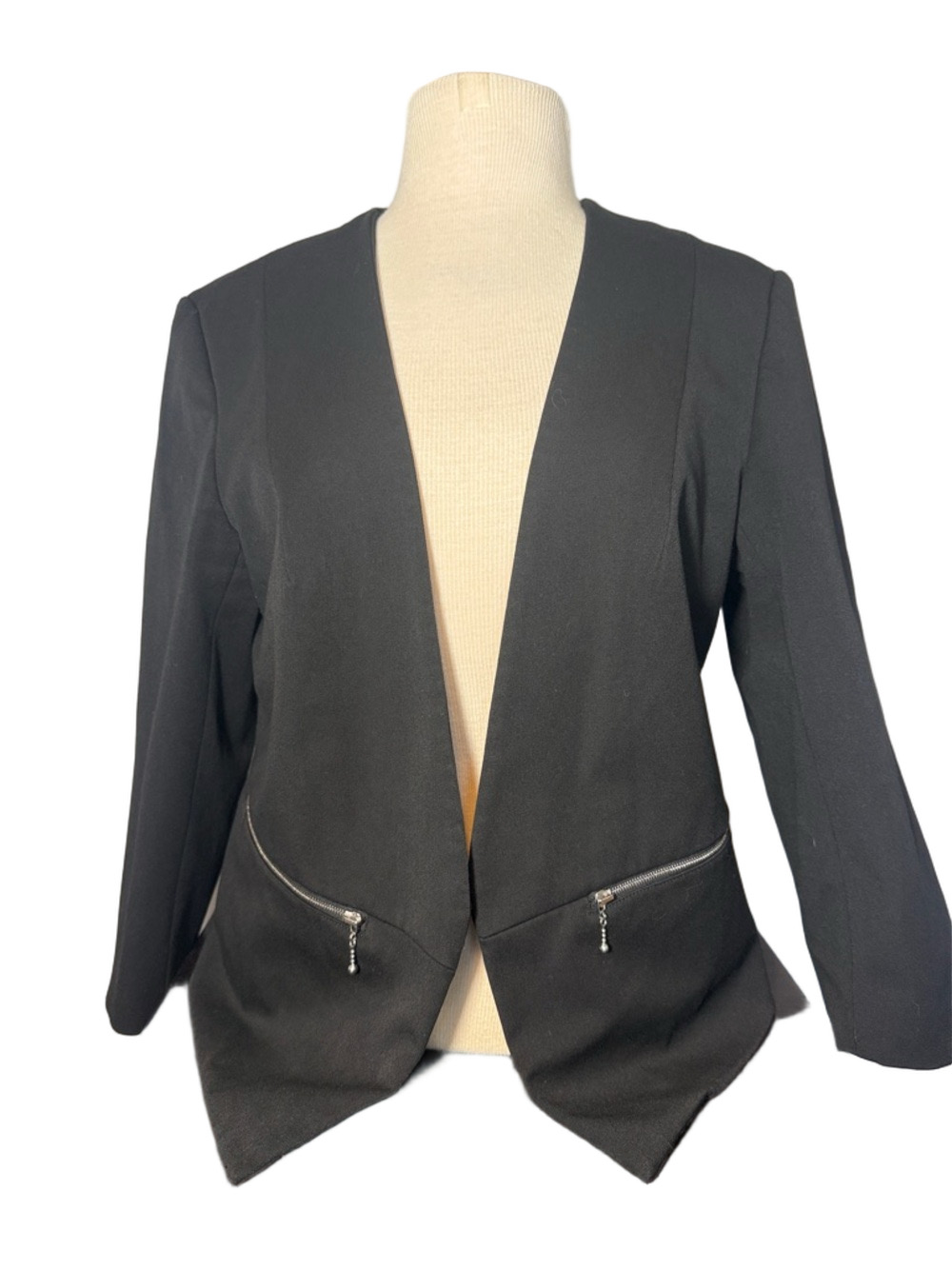 Express Women’s Black Open Front Blazer Jacket Gold Zip Pockets Size 14
